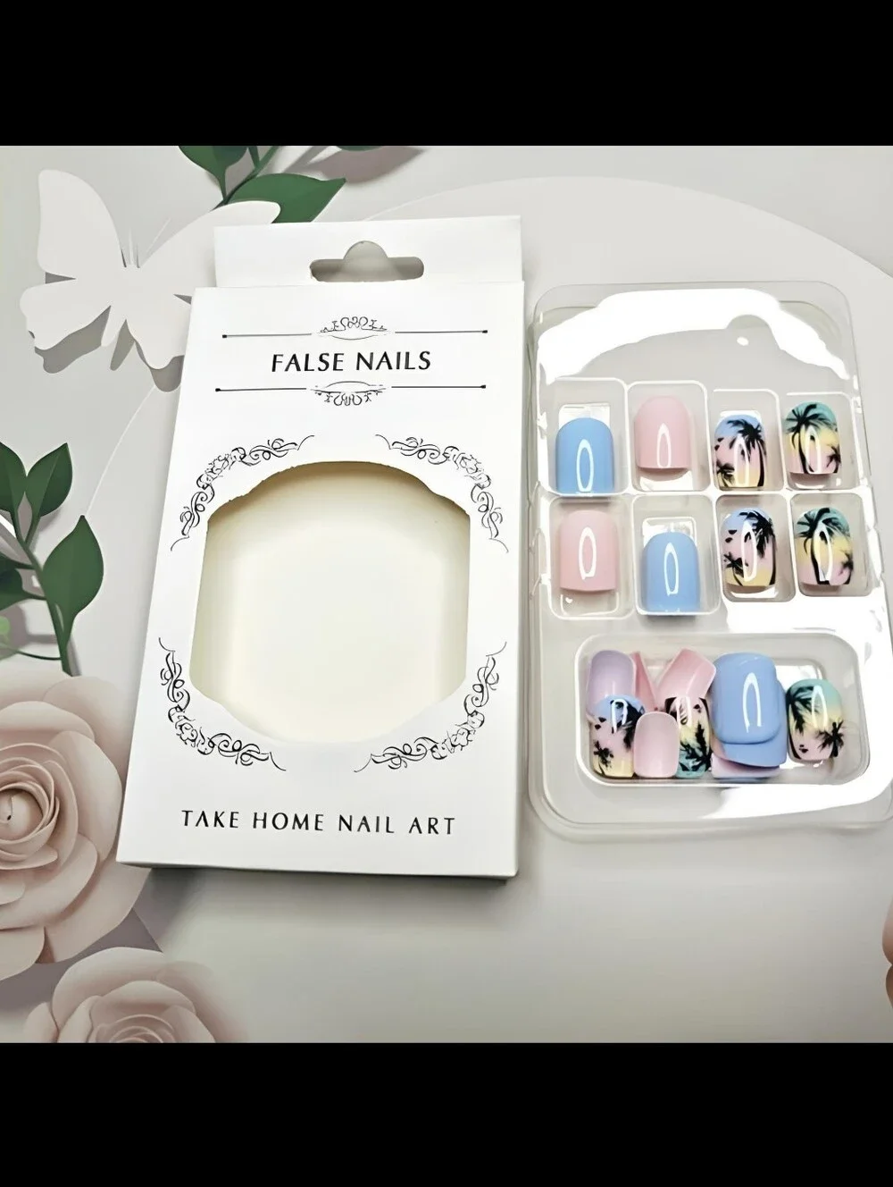🆕$6 OR 2 FOR $10~PINK & BLUE SUMMER BEACH COCONUT TREE 24 DESIGNER PRESS NAILS